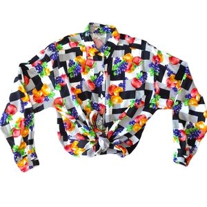 Vintage 80s 90s Wacky Black and White Checkered Fruity Rayon Blouse
